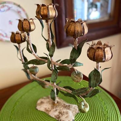 Vintage Italian 5 Arm Toleware Candelabra Centerpiece w Flower Buds, Leaves and Apples