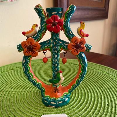 Vintage Mexican Folk Art "Arbol De La Vida" Clay Candle Holder Green