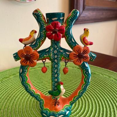 Vintage Mexican Folk Art "Arbol De La Vida" Clay Candle Holder Green