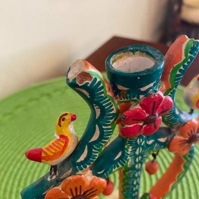 Vintage Mexican Folk Art "Arbol De La Vida" Clay Candle Holder Green