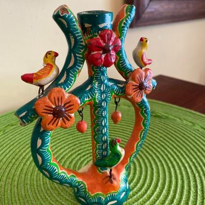 Vintage Mexican Folk Art "Arbol De La Vida" Clay Candle Holder Green