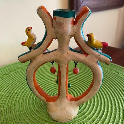 Vintage Mexican Folk Art "Arbol De La Vida" Clay Candle Holder Green