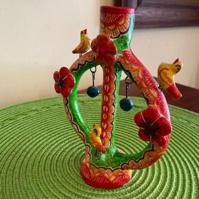 Vintage Mexican Folk Art  "Arbol De La Vida" Clay Candle Holder Orange