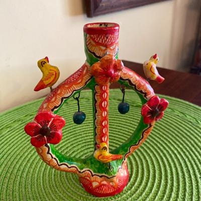 Vintage Mexican Folk Art  "Arbol De La Vida" Clay Candle Holder Orange
