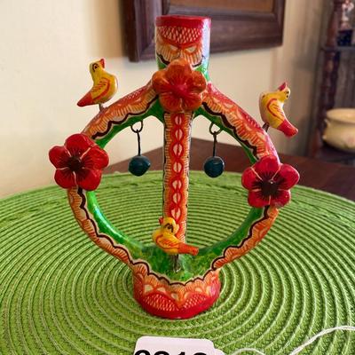 Vintage Mexican Folk Art  "Arbol De La Vida" Clay Candle Holder Orange