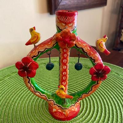 Vintage Mexican Folk Art  "Arbol De La Vida" Clay Candle Holder Orange
