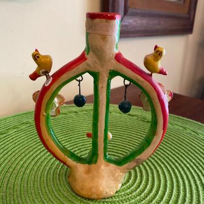 Vintage Mexican Folk Art  "Arbol De La Vida" Clay Candle Holder Orange