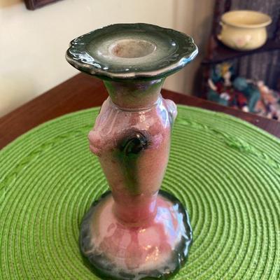 Vintage Pink and Green Porcelain Lusterware Candle Holder