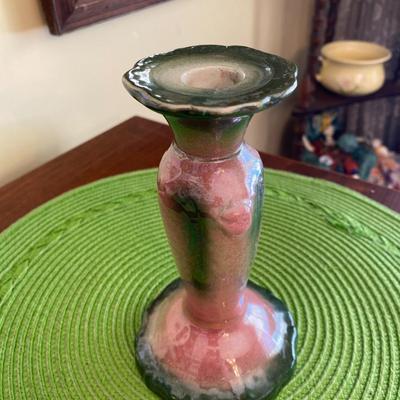 Vintage Pink and Green Porcelain Lusterware Candle Holder