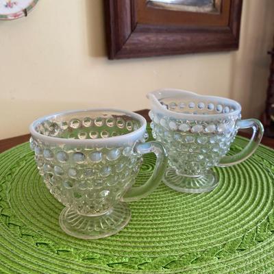 Vintage Fenton Hobnail Clear Glass Opalescent Cream and Sugar Set