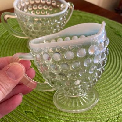 Vintage Fenton Hobnail Clear Glass Opalescent Cream and Sugar Set