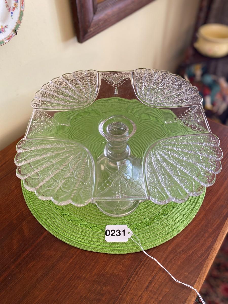 Stunning Antique Duncan and Sons Shell and Tassel Clear Glass Cake