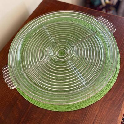 Midcentury Art Deco Clear Anchor Hocking Manhattan Relish Tray and Bowl