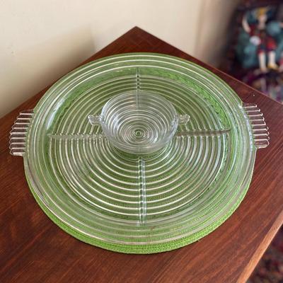 Midcentury Art Deco Clear Anchor Hocking Manhattan Relish Tray and Bowl