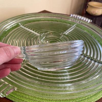Midcentury Art Deco Clear Anchor Hocking Manhattan Relish Tray and Bowl
