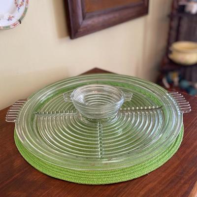 Midcentury Art Deco Clear Anchor Hocking Manhattan Relish Tray and Bowl