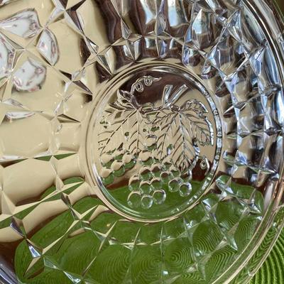 Vintage Clear Glass Serving Dish with Grapes and Grape Leaf Center Design 