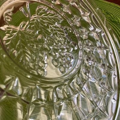 Vintage Clear Glass Serving Dish with Grapes and Grape Leaf Center Design 