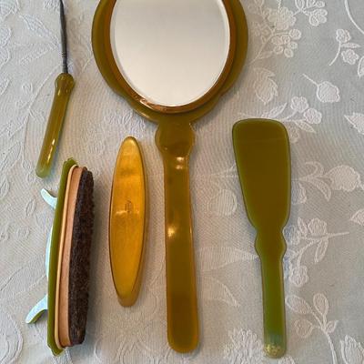 Victorian Green Pearlized Celluloid 4 Piece Vanity Set by Dupont Pyralin