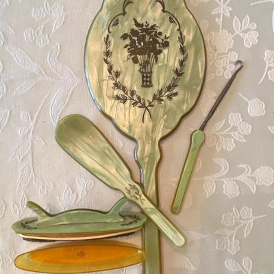 Victorian Green Pearlized Celluloid 4 Piece Vanity Set by Dupont Pyralin