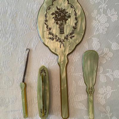 Victorian Green Pearlized Celluloid 4 Piece Vanity Set by Dupont Pyralin