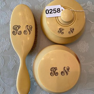 Art Deco Bakelite / Celluloid 3 Piece Vanity Set RN Monogram