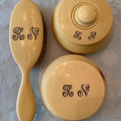 Art Deco Bakelite / Celluloid 3 Piece Vanity Set RN Monogram