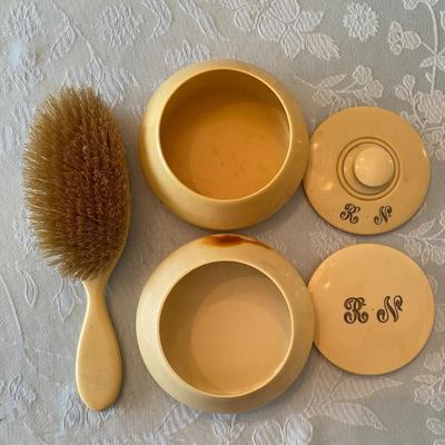 Art Deco Bakelite / Celluloid 3 Piece Vanity Set RN Monogram