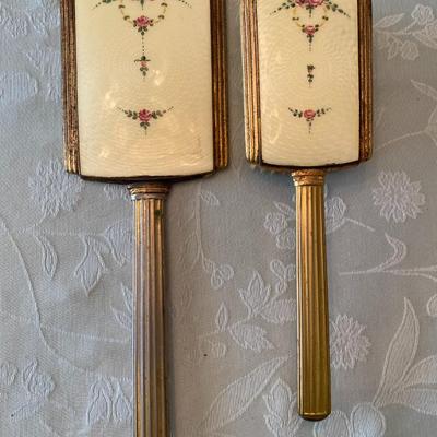 Victorian Enamel Guilloche 2 Piece Dainty Floral Design Vanity Set