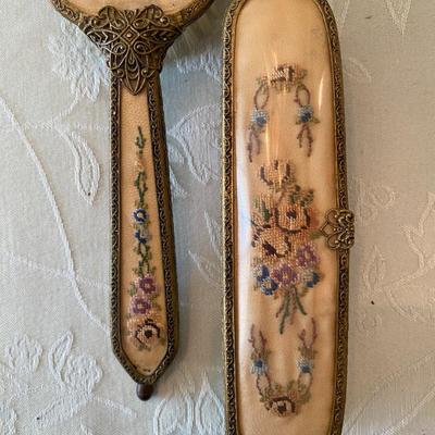 Victorian Gold Filigree and Needlepoint 2 Piece Vanity set by Nycon England