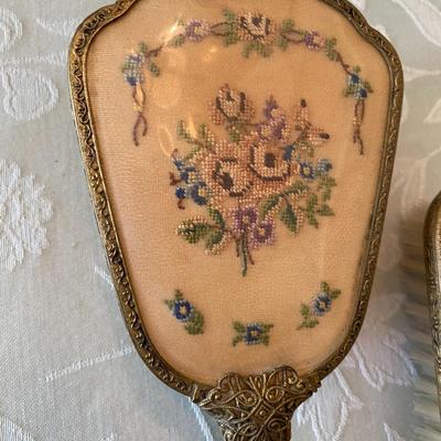 Victorian Gold Filigree and Needlepoint 2 Piece Vanity set by Nycon England