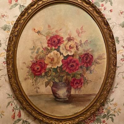 Vintage Floral Painting Signed Mary Snyder with Gilt Wood Frame