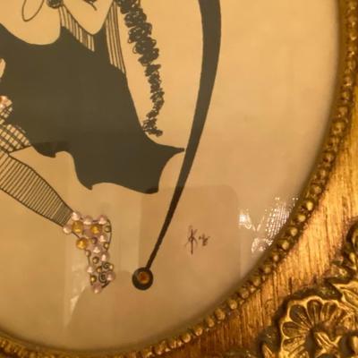 Gilted Ornate Wood Frame with Art Nouveau Print Decorated with Rhinestones and Feather