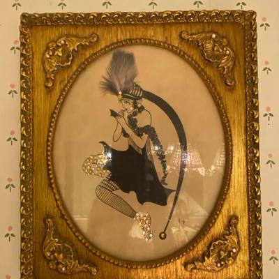 Gilted Ornate Wood Frame with Art Nouveau Print Decorated with Rhinestones and Feather