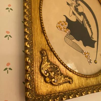 Gilted Ornate Wood Frame with Art Nouveau Print Decorated with Rhinestones and Feather