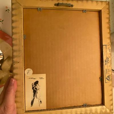 Gilted Ornate Wood Frame with Art Nouveau Print Decorated with Rhinestones and Feather