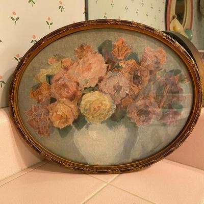 Vintage Oval Floral Print with Hand Carved Gilt Wood Frame
