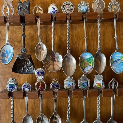 Vintage Wooden Souvenir Spoons and Holder 