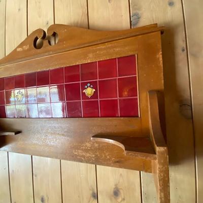 Vintage Wood with Corner Shelves and Red Tile Wall Art