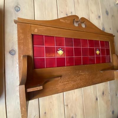 Vintage Wood with Corner Shelves and Red Tile Wall Art