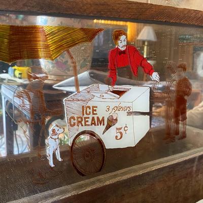 Antique Wooden Box and Framed Mirror with Ice Cream Advertisment