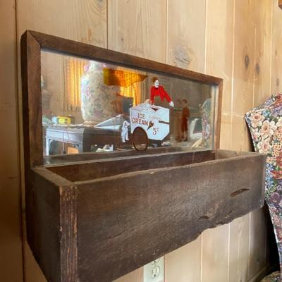 Antique Wooden Box and Framed Mirror with Ice Cream Advertisment