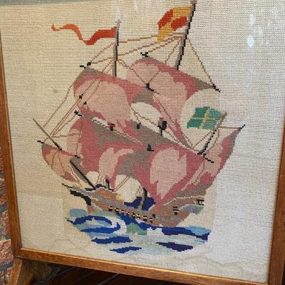 Vintage/Antique Oak Firescreen with Glazed Tapestry with Schooner Ship