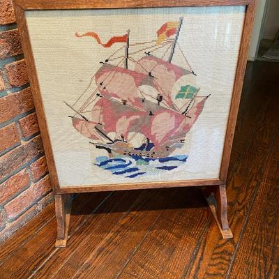 Vintage/Antique Oak Firescreen with Glazed Tapestry with Schooner Ship