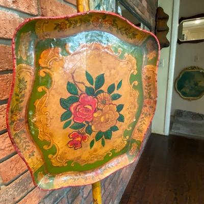 Vintage Hand Painted Wooden Pole Screen / Fire Screen