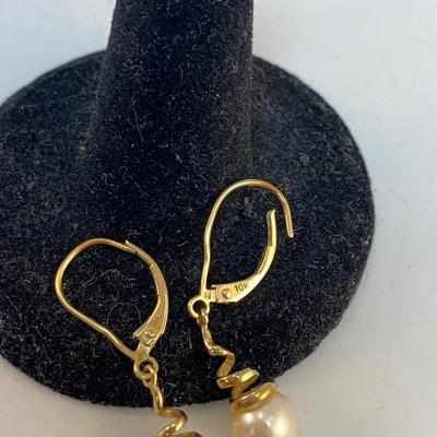 14k Yellow Gold & Pearl Twisted Dangling Lobster Claw Earrings