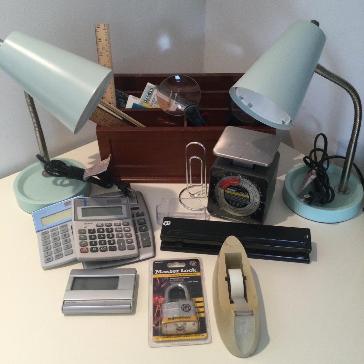 1136 Office Desk Lot Lamps Calculator Scale etc.