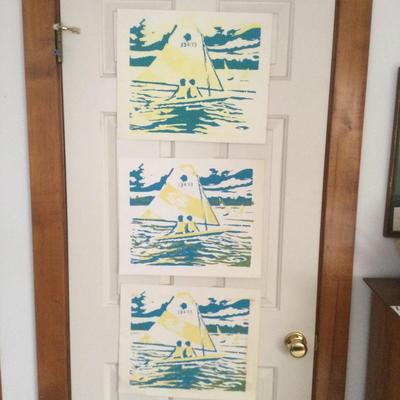 1179 Sailboat Artisan Made Block Print Lot of 3
