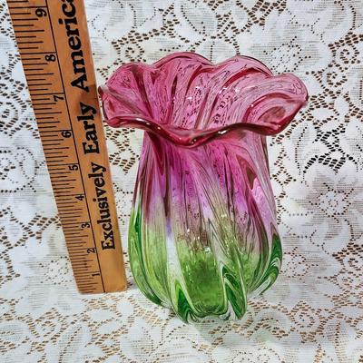 Pink and green glass vase.