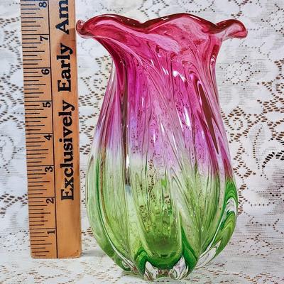 Pink and green glass vase.